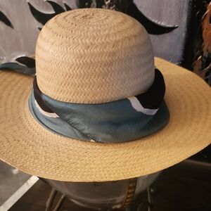 Stylish Straw Hat with Blue Scarf Accent